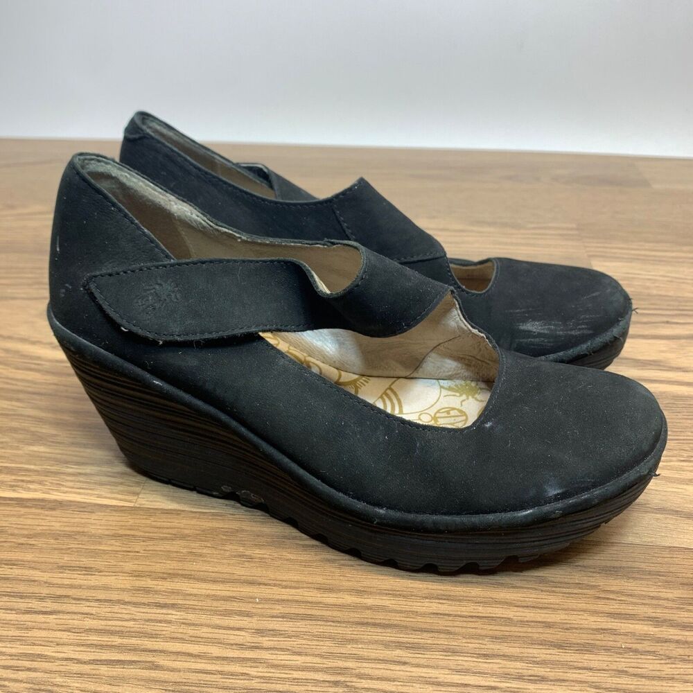 FLY London YASI Black Suede Wedge Pumps 39 US 8 Mary Jane Strap